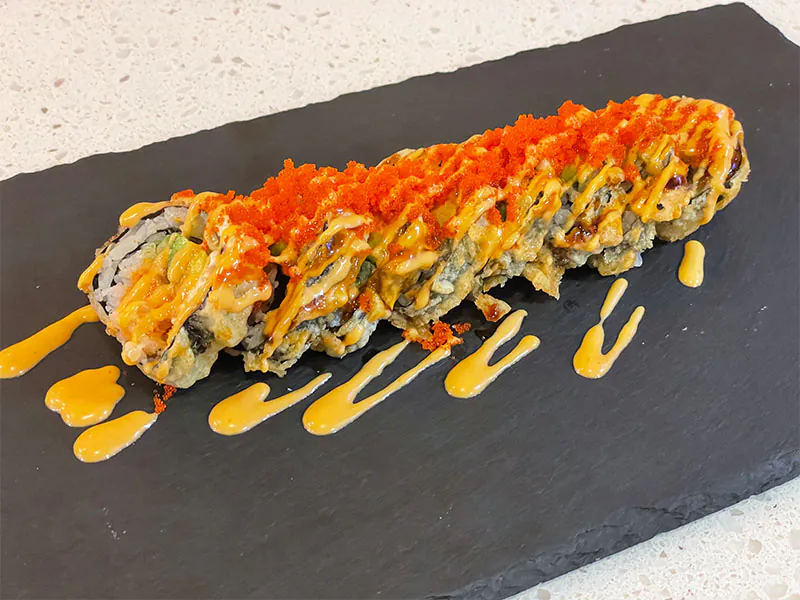 Crispy fried roll with salmon, spicy mayo & tobiko at Funtime Sushi & Ramen & Tea Bar, a Asian Restaurant in Nashville