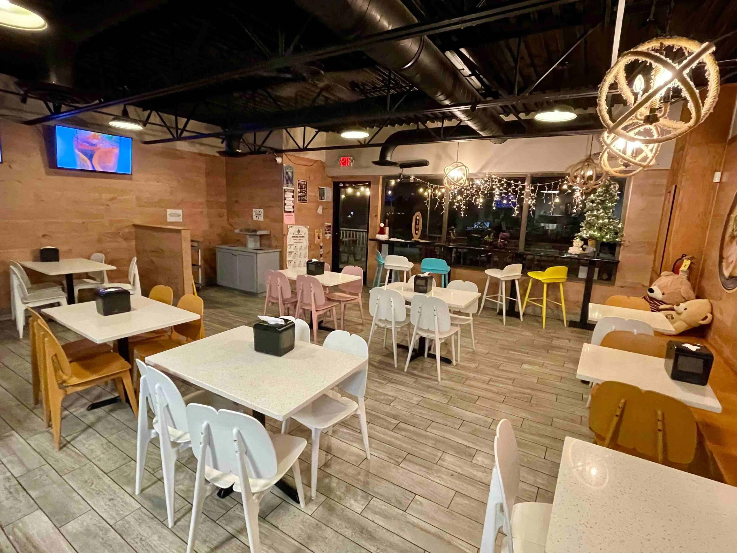 Inviting dining space with string lights & seating at Funtime Sushi & Ramen & Tea Bar, a Asian Restaurant in Nashville